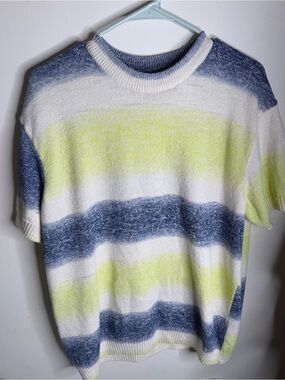 Zara Women's Crewneck short sleeve Sweater in Blue, White & Yellow-Green